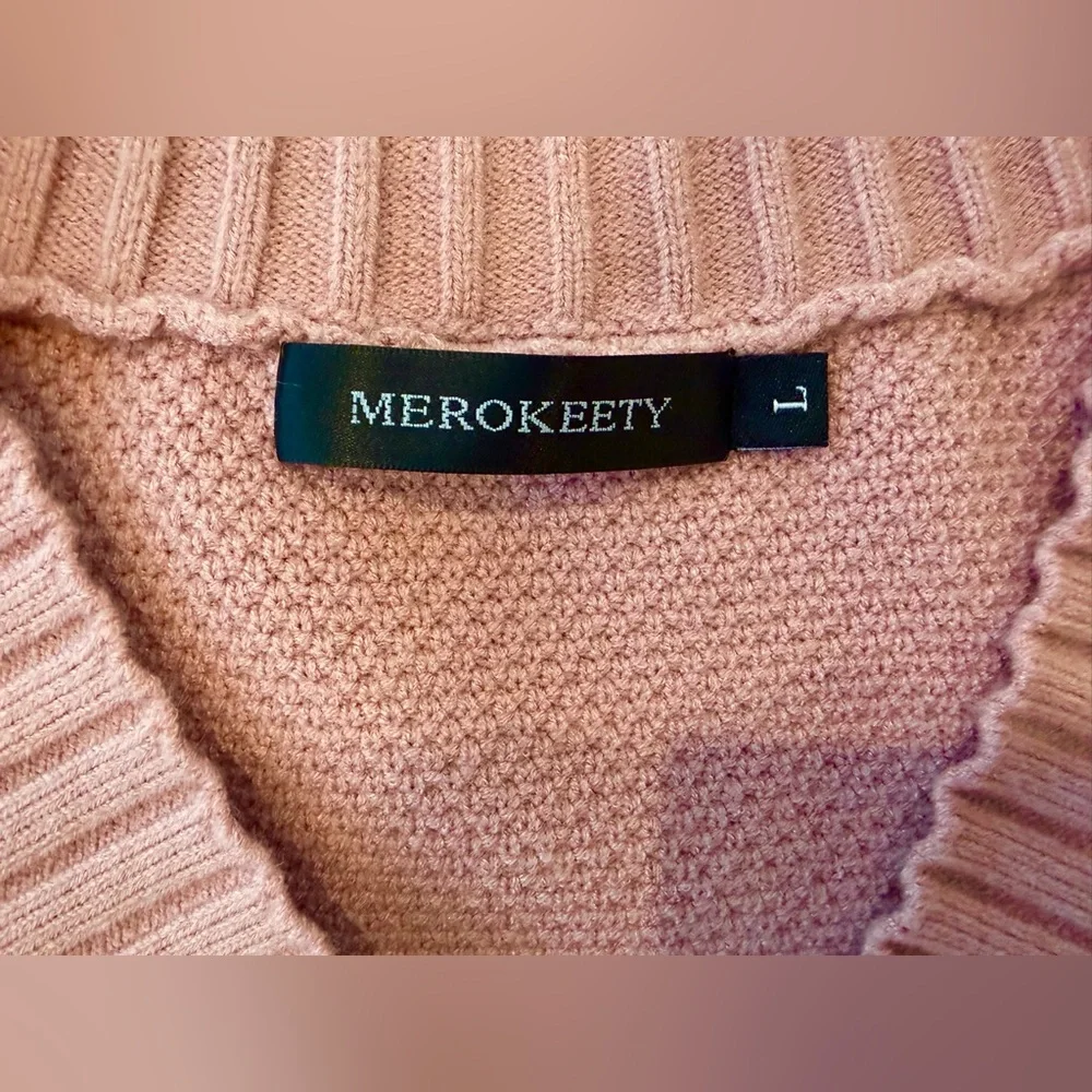 Merokeety Blush Pink Exposed Hem Sleeve Ribbed Stretchy Button-Up Cardigan Large - Picture 15 of 15